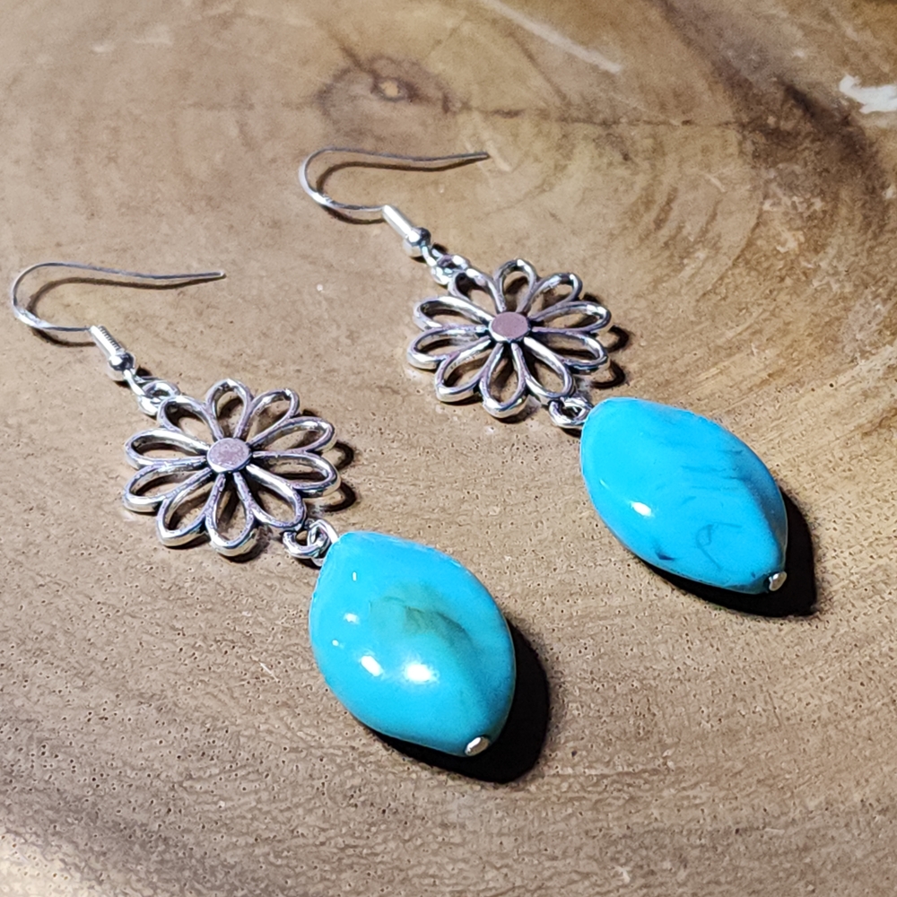 Hand Crafted Faux Turquoise and Silver Toned Floral Earrings - Picture 6 of 9